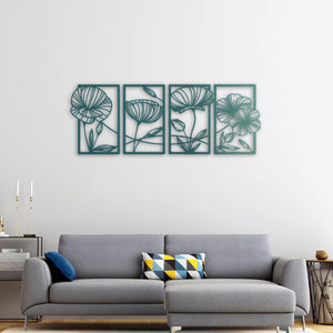 Silent Melody of Flowers | 4-Piece Floral Metal Wall Art Set
