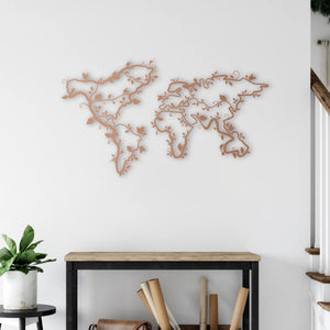 Nature-Integrated World Map Metal Wall Art | Earth Wall Sculpture