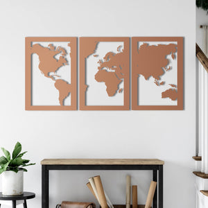 Three-Piece World Map Metal Wall Art | Decorative Wall Sculpture Set