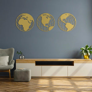 Triple Globe World Map Metal Wall Art | Decorative Map Wall Sculpture