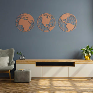 Triple Globe World Map Metal Wall Art | Decorative Map Wall Sculpture