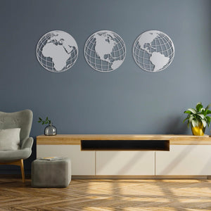 Triple Globe World Map Metal Wall Art | Decorative Map Wall Sculpture