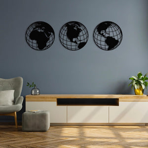 Triple Globe World Map Metal Wall Art | Decorative Map Wall Sculpture