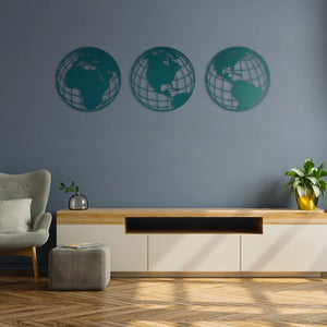 Triple Globe World Map Metal Wall Art | Decorative Map Wall Sculpture