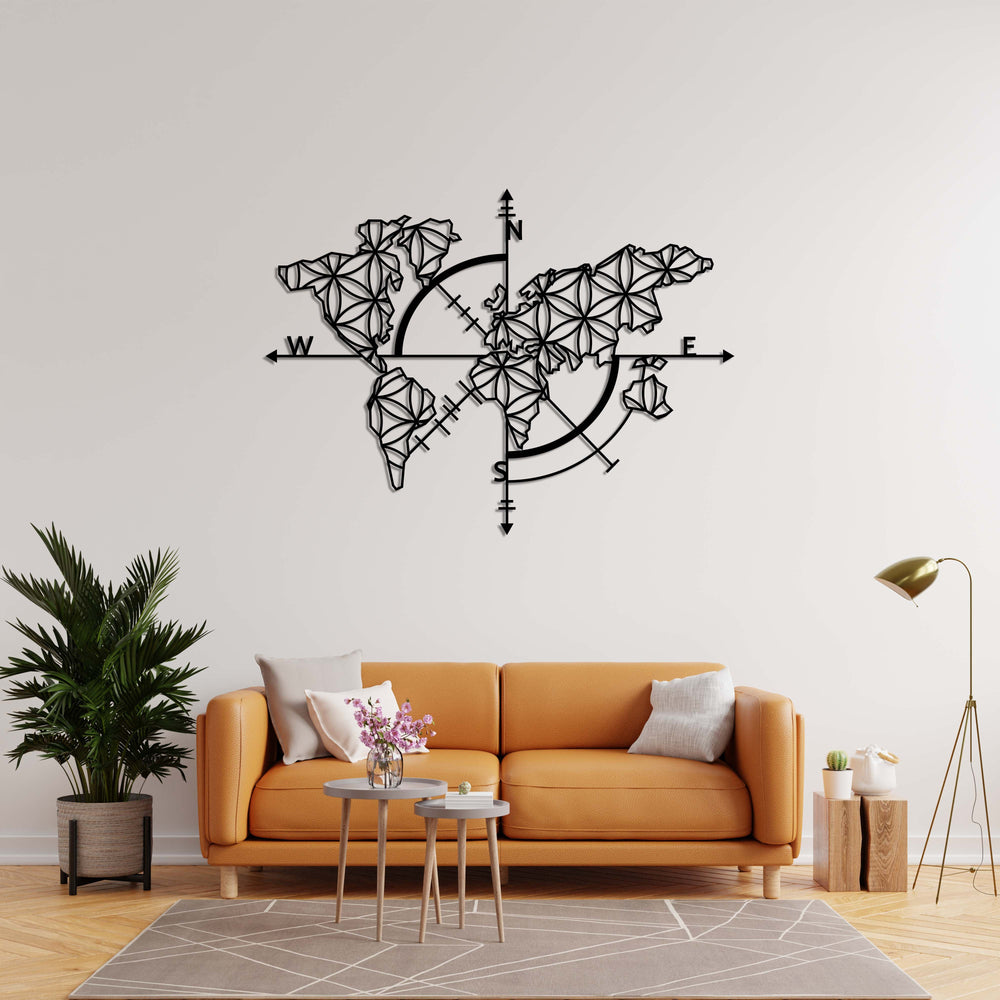 Compass & Geometric World Map Metal Wall Art | Travel Wall Sculpture