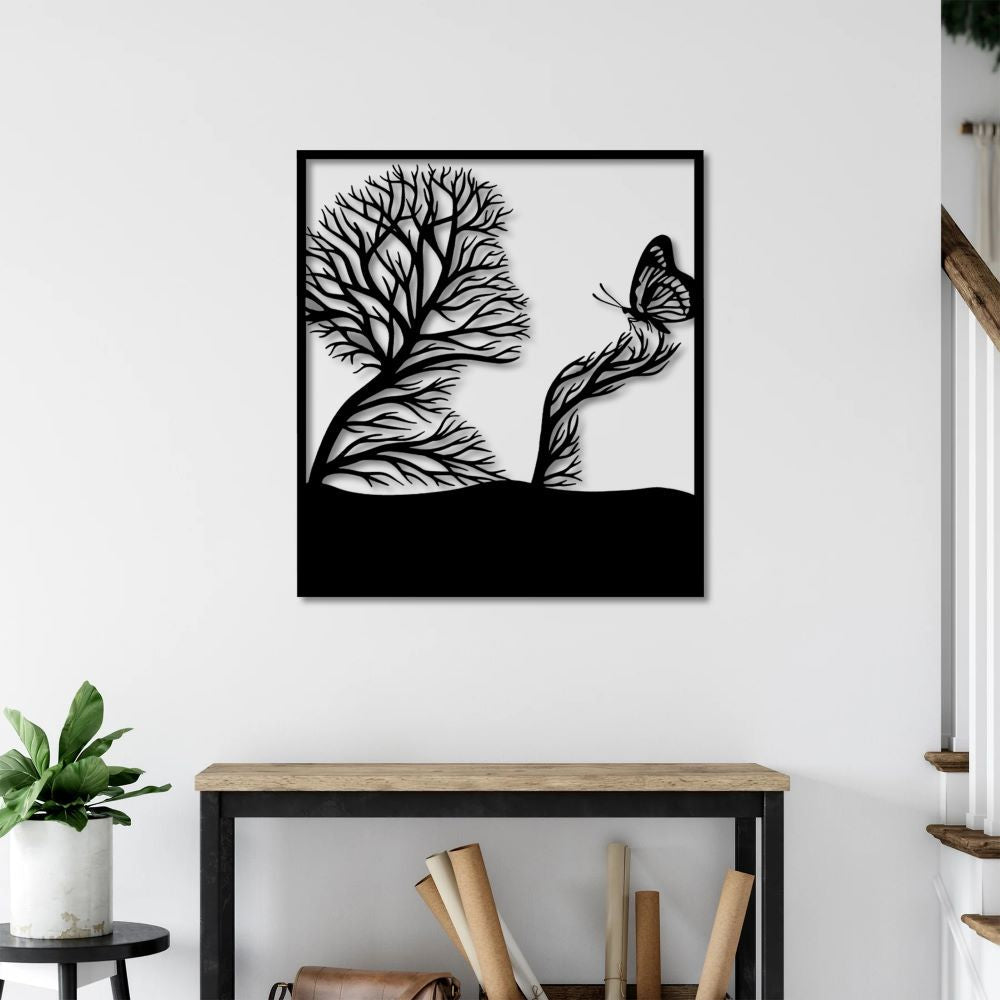 Butterfly woman metal wall art depicting elegant feminine beauty