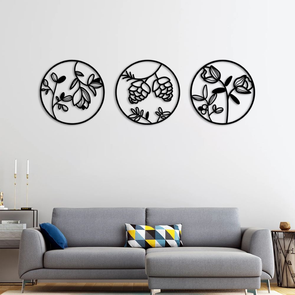 Botanical trio metal wall art set featuring decorative leaf designs