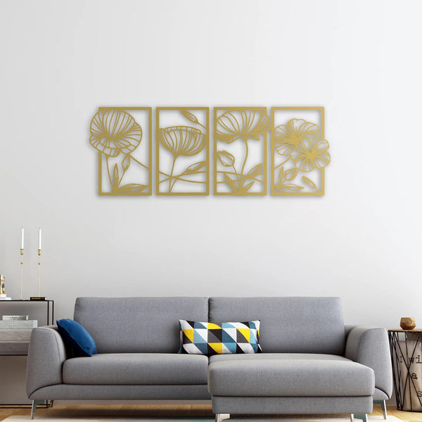 Silent Melody of Flowers | 4-Piece Floral Metal Wall Art Set