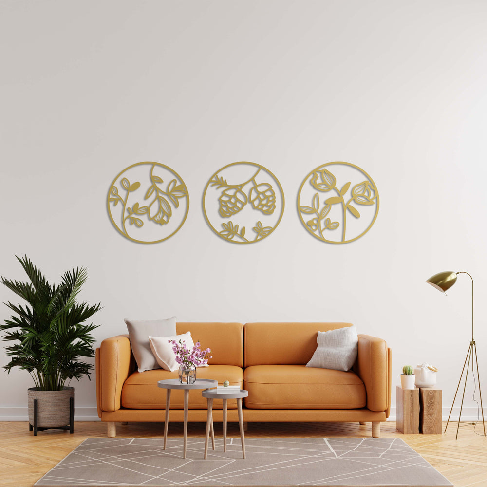 Botanical trio metal wall art set featuring decorative leaf designs