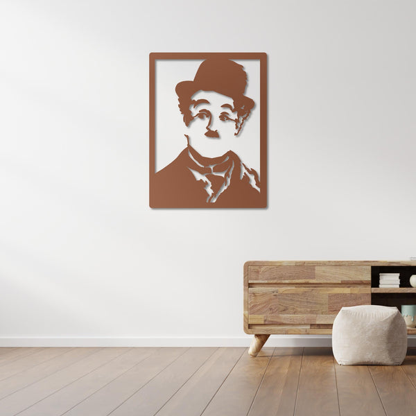 Classic cinema-inspired metal wall art featuring Charlie Chaplin