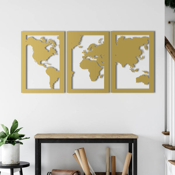 Three-Piece World Map Metal Wall Art | Decorative Wall Sculpture Set