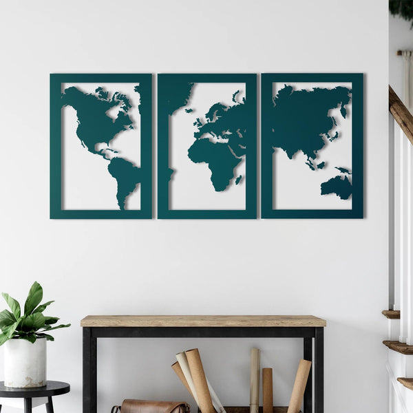 Three-Piece World Map Metal Wall Art | Decorative Wall Sculpture Set