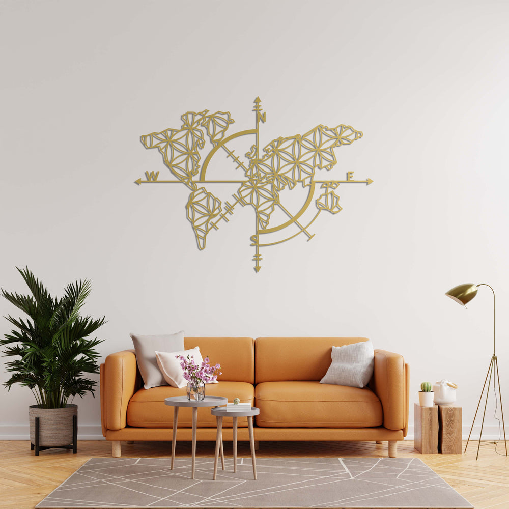 Compass & Geometric World Map Metal Wall Art | Travel Wall Sculpture
