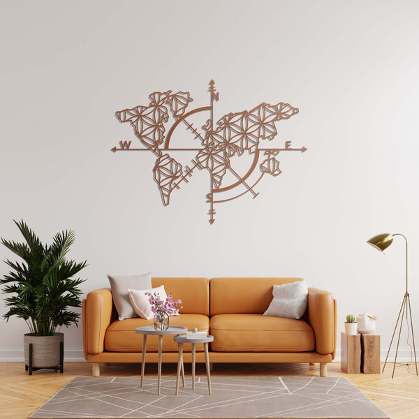 Compass & Geometric World Map Metal Wall Art | Travel Wall Sculpture
