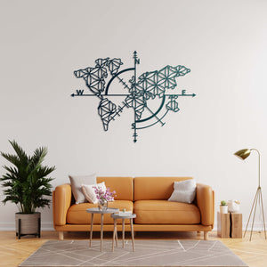 Compass & Geometric World Map Metal Wall Art | Travel Wall Sculpture
