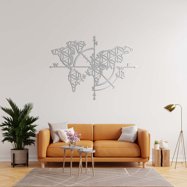Compass & Geometric World Map Metal Wall Art | Travel Wall Sculpture