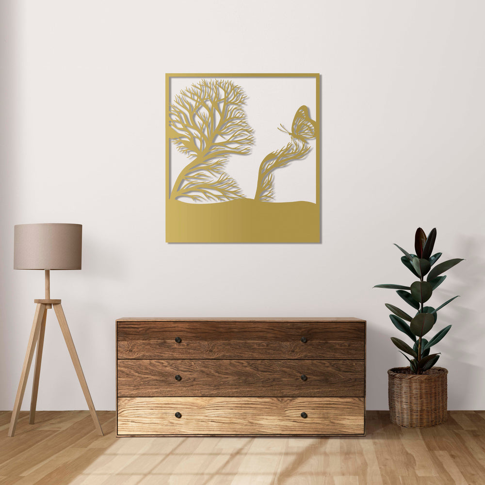 Butterfly woman metal wall art depicting elegant feminine beauty
