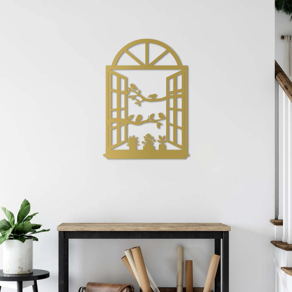 Decorative bird metal sculpture depicting charming window scene