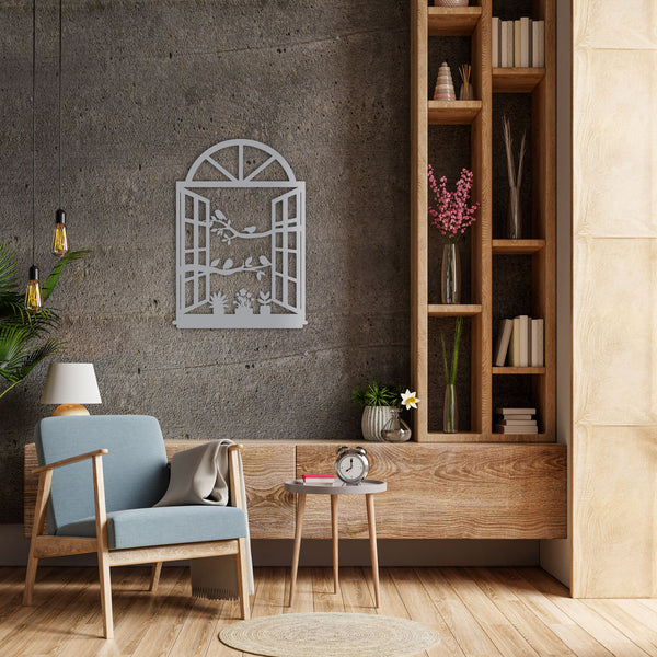 Handcrafted metal wall art with birds perched on window for gardens
